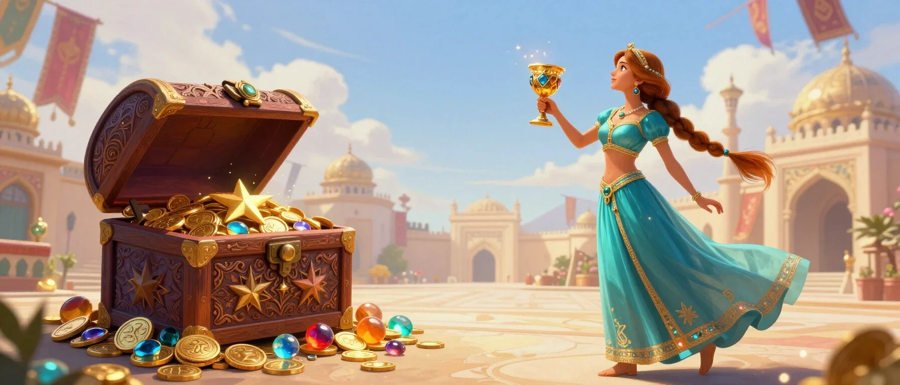 Vaycasino free spins represented by a treasure chest and shining tokens