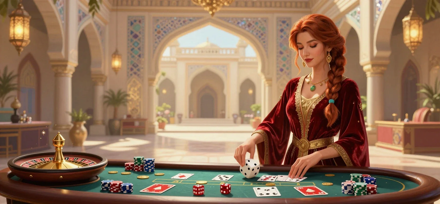Vaycasino live casino table with cards, dice and a roulette wheel