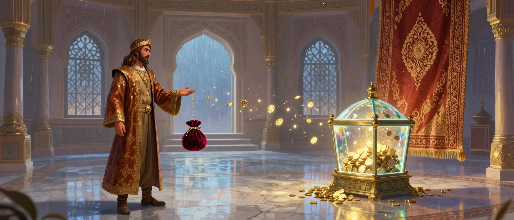 Vaycasino payout scene with a fantasy coin purse and crystal vault