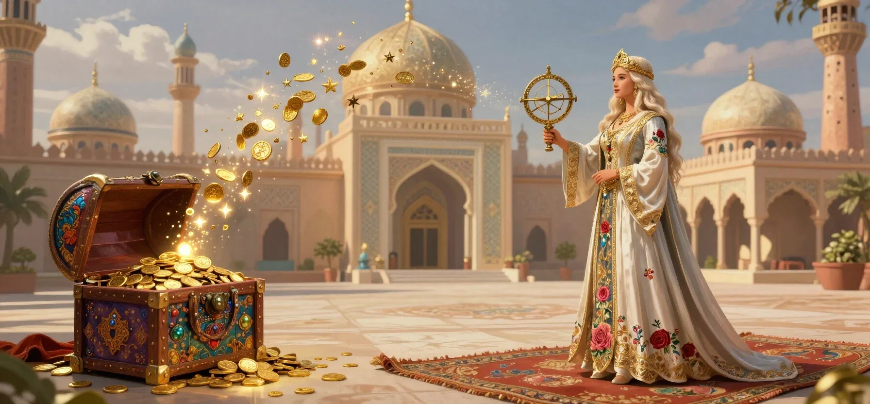 Vaycasino welcome bonus treasure chest with coins and star-shaped tokens